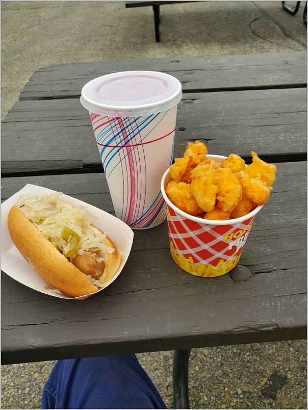 The perfect lunch at the Wisconsin Sheep and Wool Festival: A hot dog with sauerkraut, a drink and Wisconsins famous Fried Cheese Curds! Photo: Letty Klein.